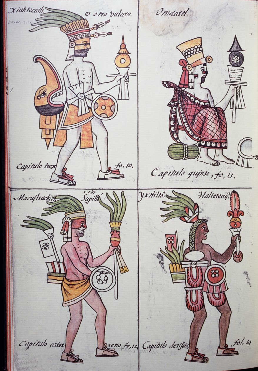 Xiuhtecuhtli, Omacatl, Macuilxochitl, Ixtlilton, Side fra Florentine Codex, Version på spansk og Nahuatl, Generel historie om tingene i det nye Spanien (Historia general de las cosas de Nueva Espana), Aztec af Benjamin Baud