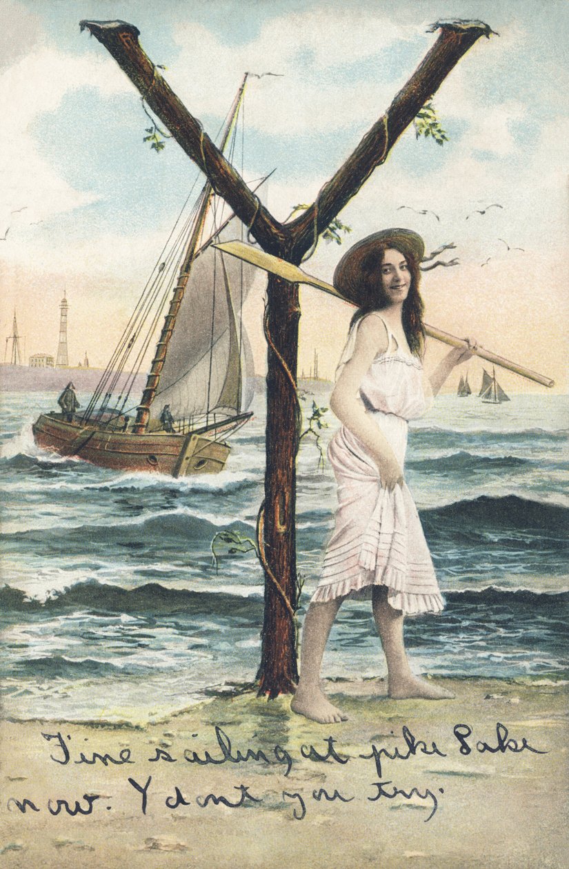 Y: En barfodet kvinde i en kort ærmeløs kjole holder en åre over sin venstre skulder. Marineindretning - Alfabettegn Ref Th. E., L. Theochrom - Serie 994. Theodor Eisman, forlag, Leipzig af Unbekannt