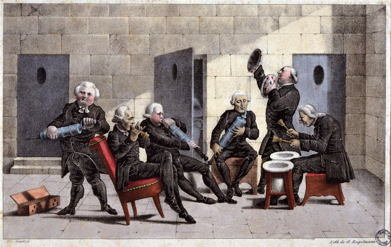 amatører, der spiller en courante, fransk tegneserie mod læger (der holder sprøjter og natpotter som musikinstrumenter) og afføringsmiddel i det 18. århundrede, stik af Elgelmann, ca. 1830 af Unbekannter Künstler