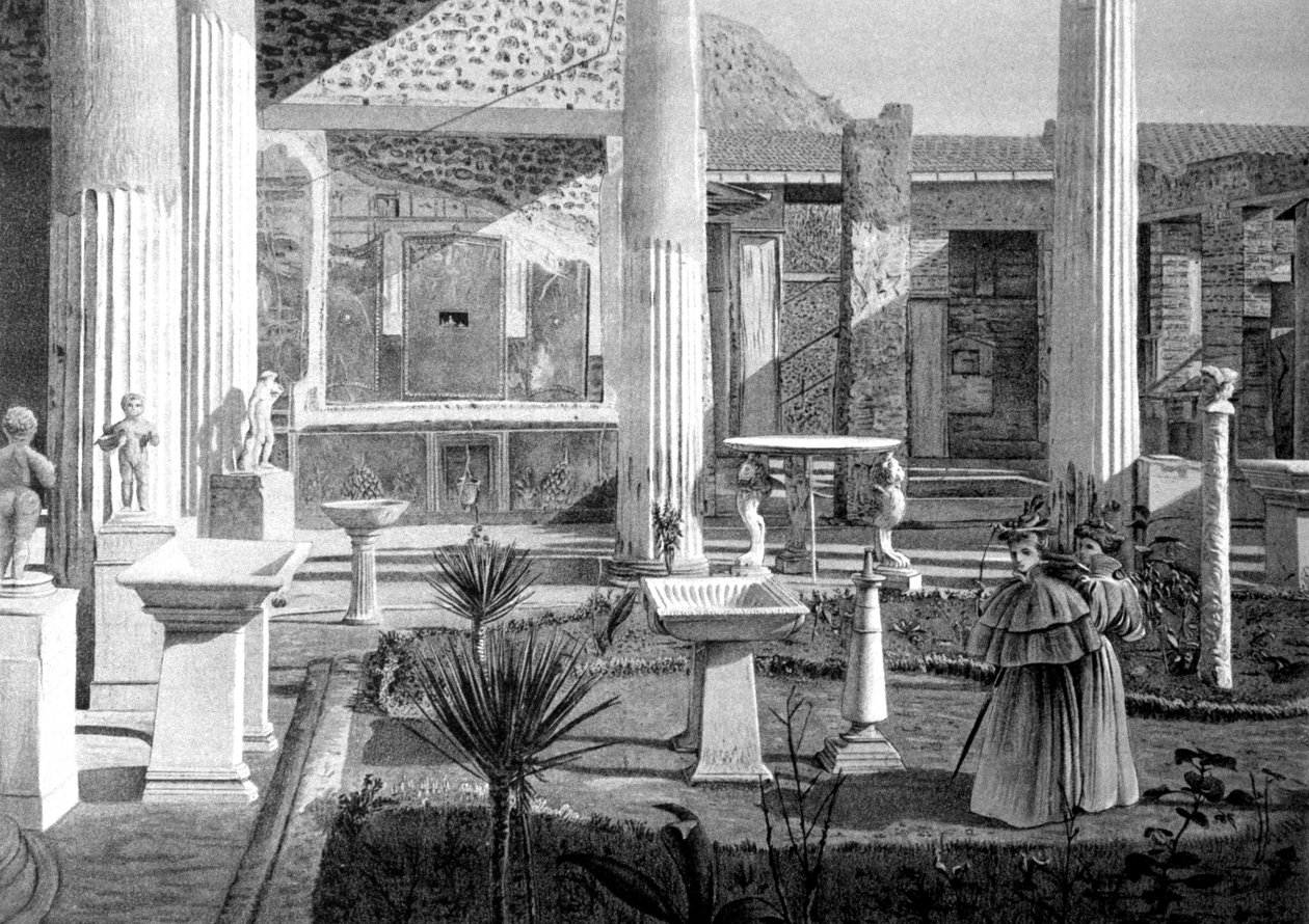 Turister besøger ruinerne af Pompeji i begyndelsen af det 20. århundrede (tegning) af Unbekannter Künstler