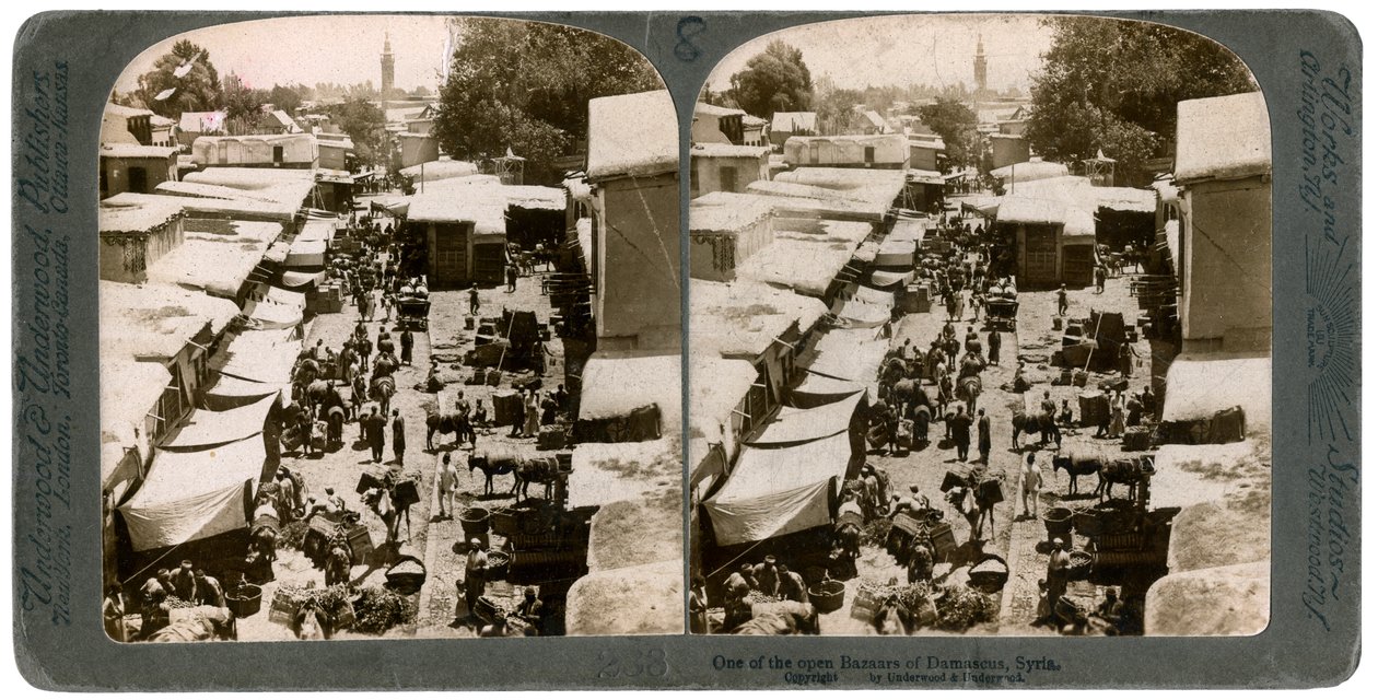En åben basar i Damaskus, Syrien, 1900-tallet. af Underwood and Underwood