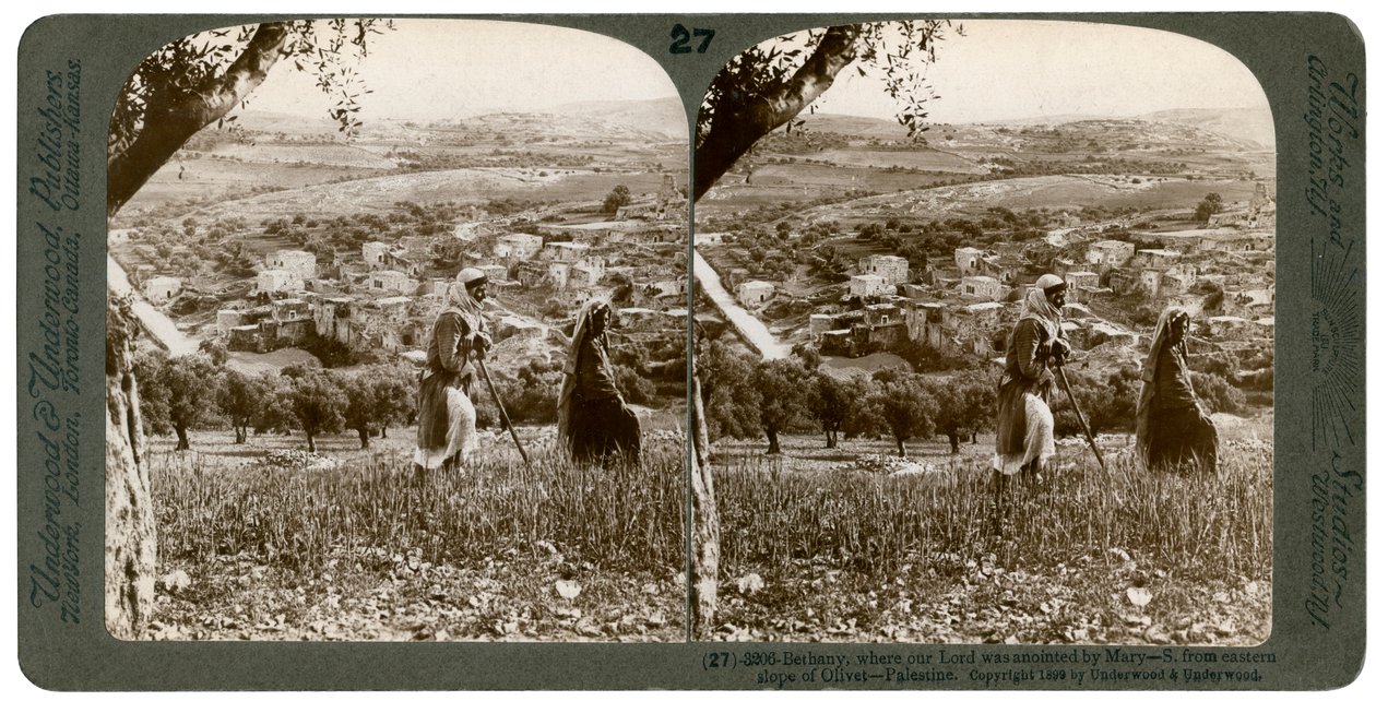 Bethany, set fra den østlige skråning af Oliebjerget, Palæstina, 1899. af Underwood and Underwood