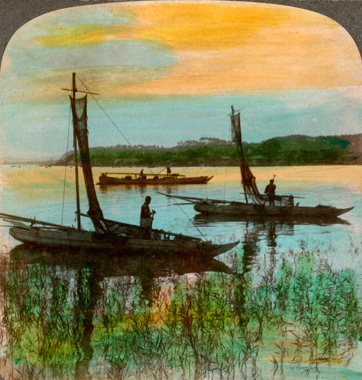 Fiskerbåde ved solnedgang nær Yokohama, Japan, 1904. af Underwood and Underwood