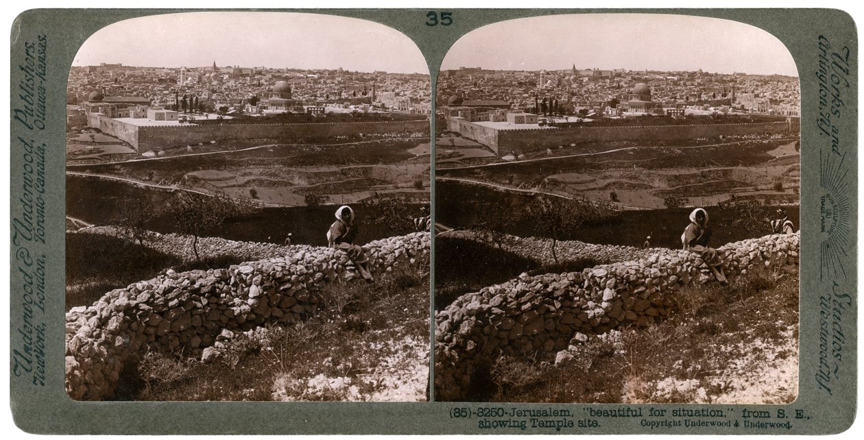 Jerusalem, set fra sydøst, viser stedet for templet, Palæstina, 1900-tallet. af Underwood and Underwood