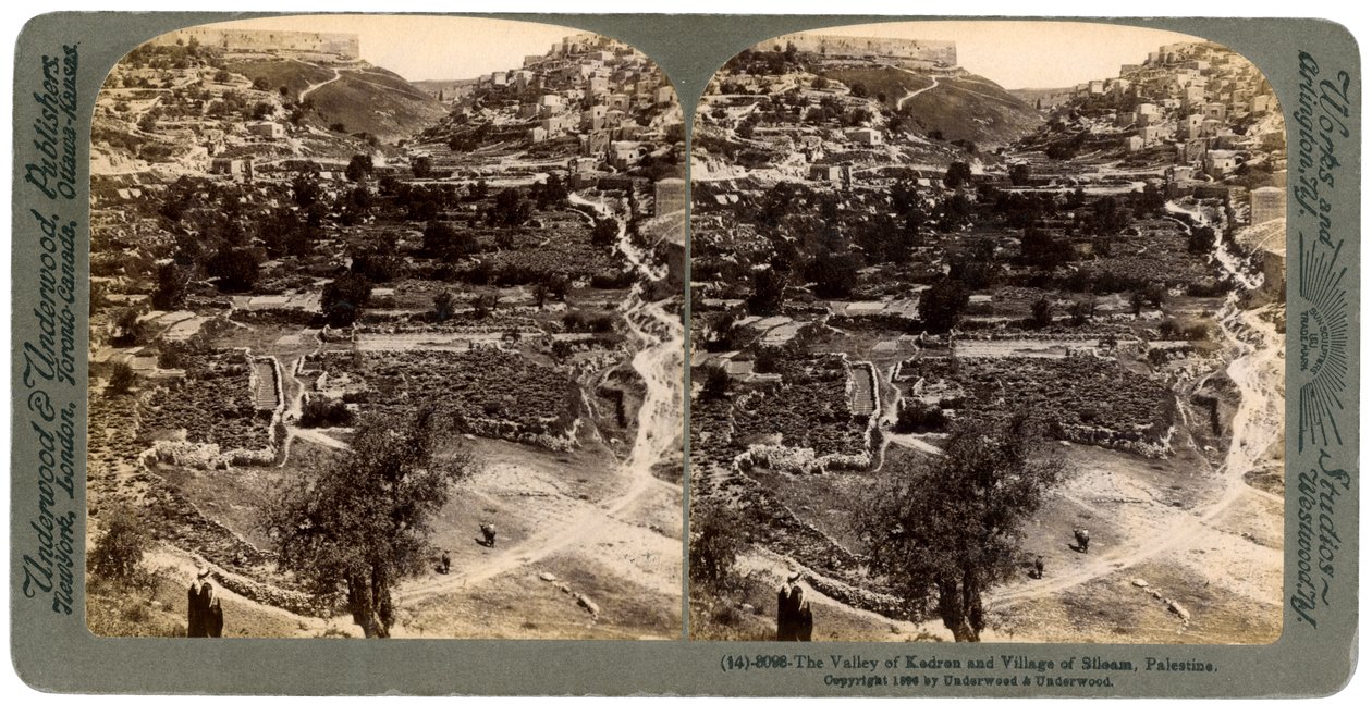 Kedron-dalen og landsbyen Siloam, uden for muren i Jerusalem, Palæstina, 1896. af Underwood and Underwood