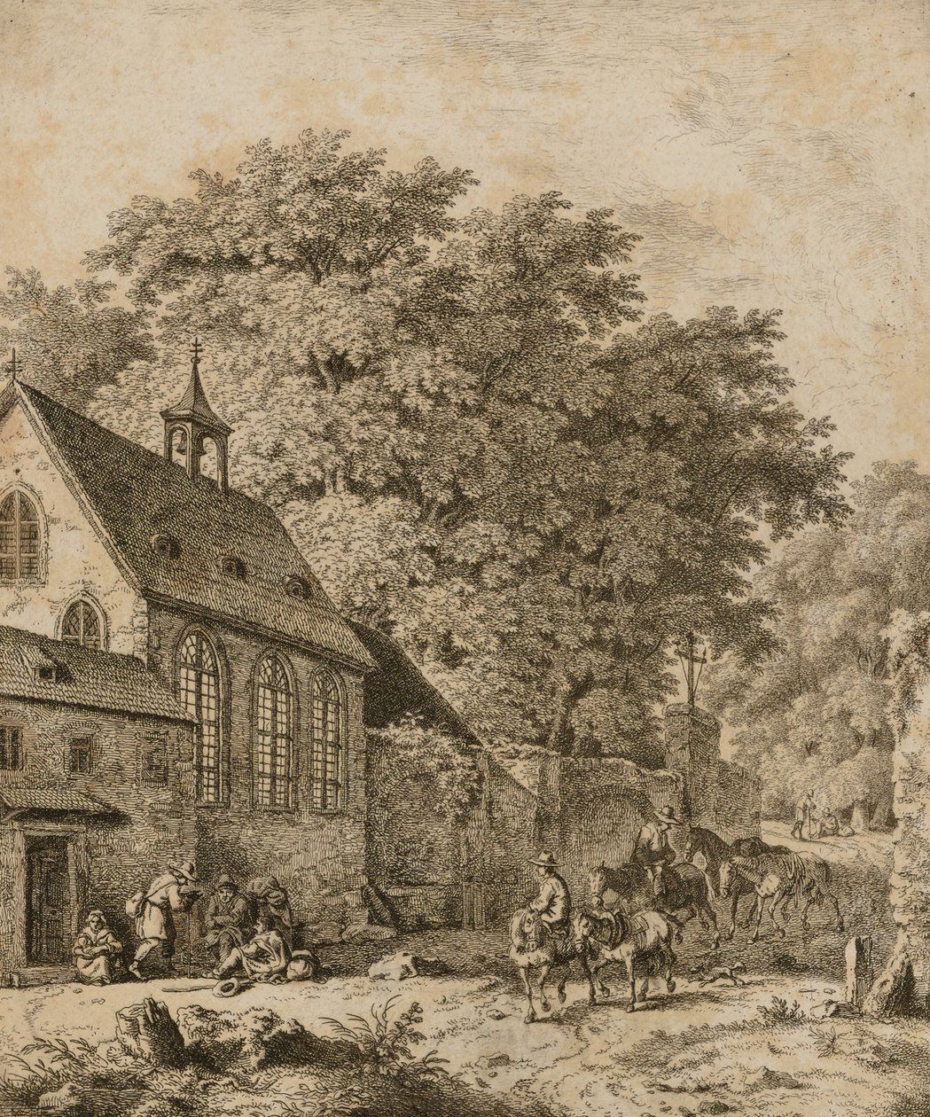 Landskab med kirke og bønder af Unidentified