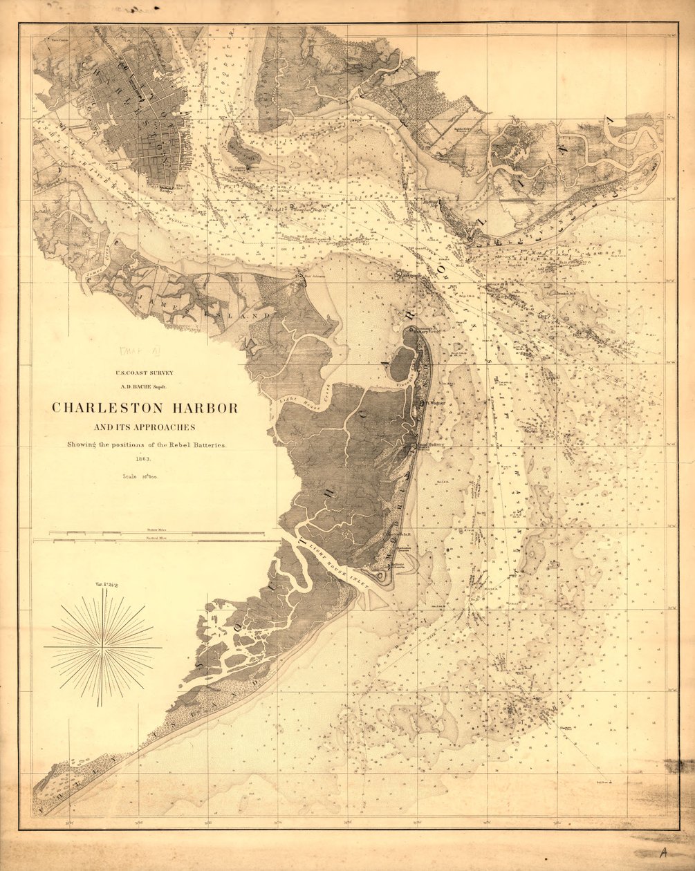 Charlestons havn og dens indsejlinger med oprørsbatteriernes positioner. LOC 99448822 af United States Coast Survey