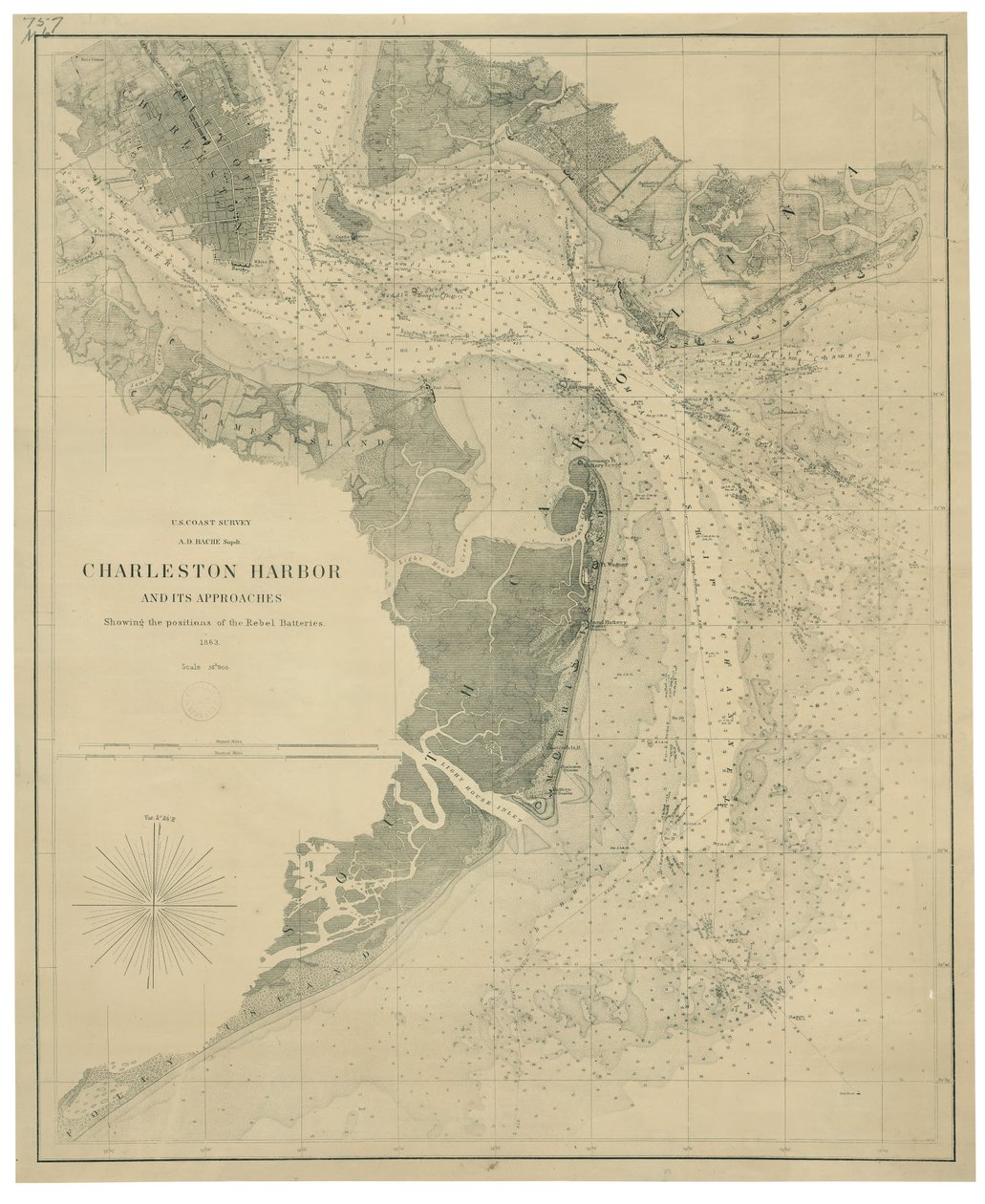 Charlestons havn og dens tilkørsler med oprørsbatteriernes positioner LOC lva0000206 af United States Coast Survey