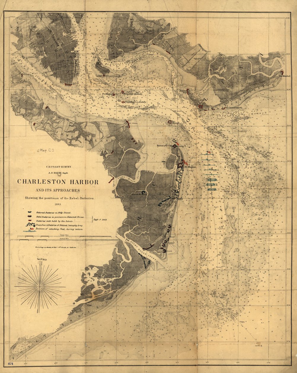 Charlestons havn og dens indsejlinger med oprørsbatteriernes positioner. LOC 99448827 af United States Coast Survey