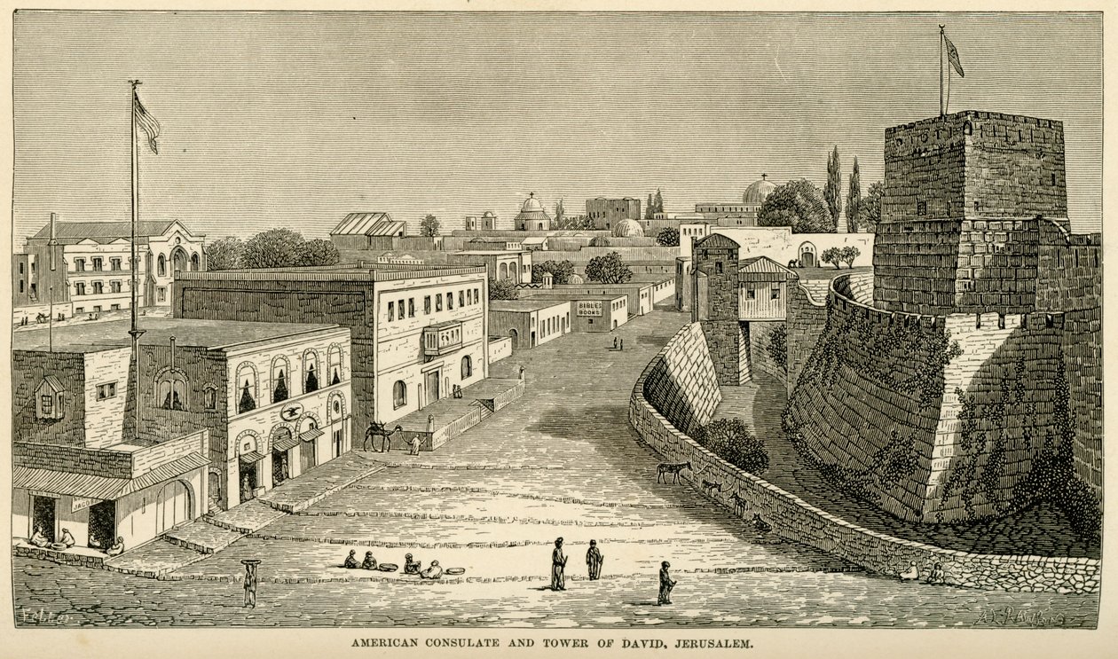Den første bygning af det amerikanske konsulat i Jerusalem, omkring 1857 af Unknown