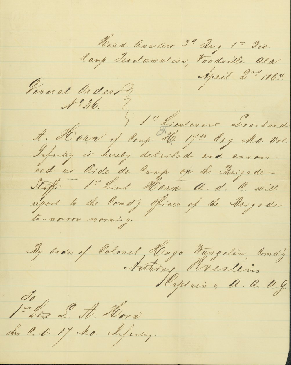 Meddeler, at Leonard A. Horn er detaljeret som Aide de Camp på brigadestaben af Unknown