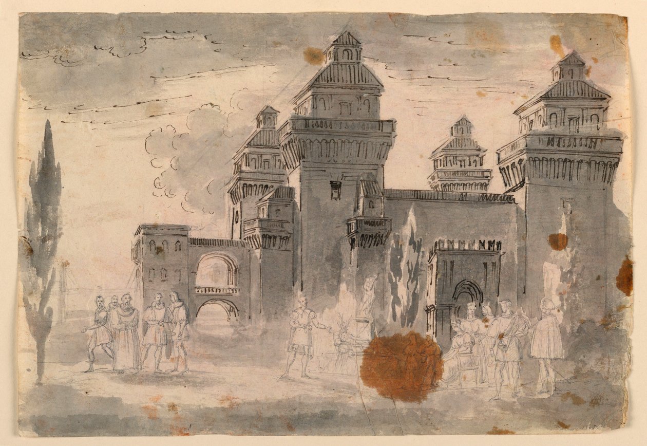 Tegning, scenografi, udsigt over slottet af Unknown