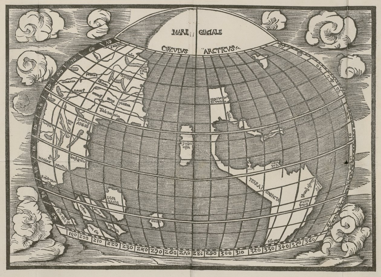 Kort over Nord- og Sydamerika, der viser forbindelsen mellem de to kontinenter med en landtange. Udgivet i Introductio in Ptholomei Cosmographiam (Introduction to the Cosmography of Ptolemy) af Jan af Stobnica, 1512 af Unknown