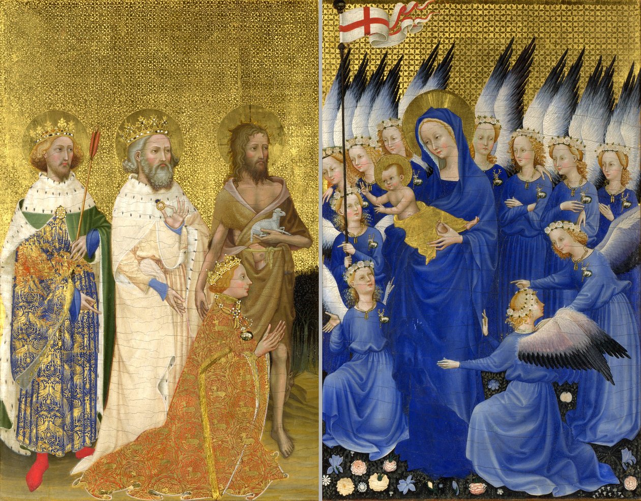 Richard II præsenteret for jomfruen og barnet af sin skytshelgen Johannes Døberen og de hellige Edward og Edmund (The Wilton Diptykon) af Unknown