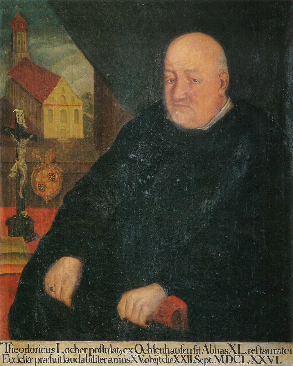 den 40. abbed, Theoderich Locher, i baggrunden klosterkirken St. Georg Isny af Unknown