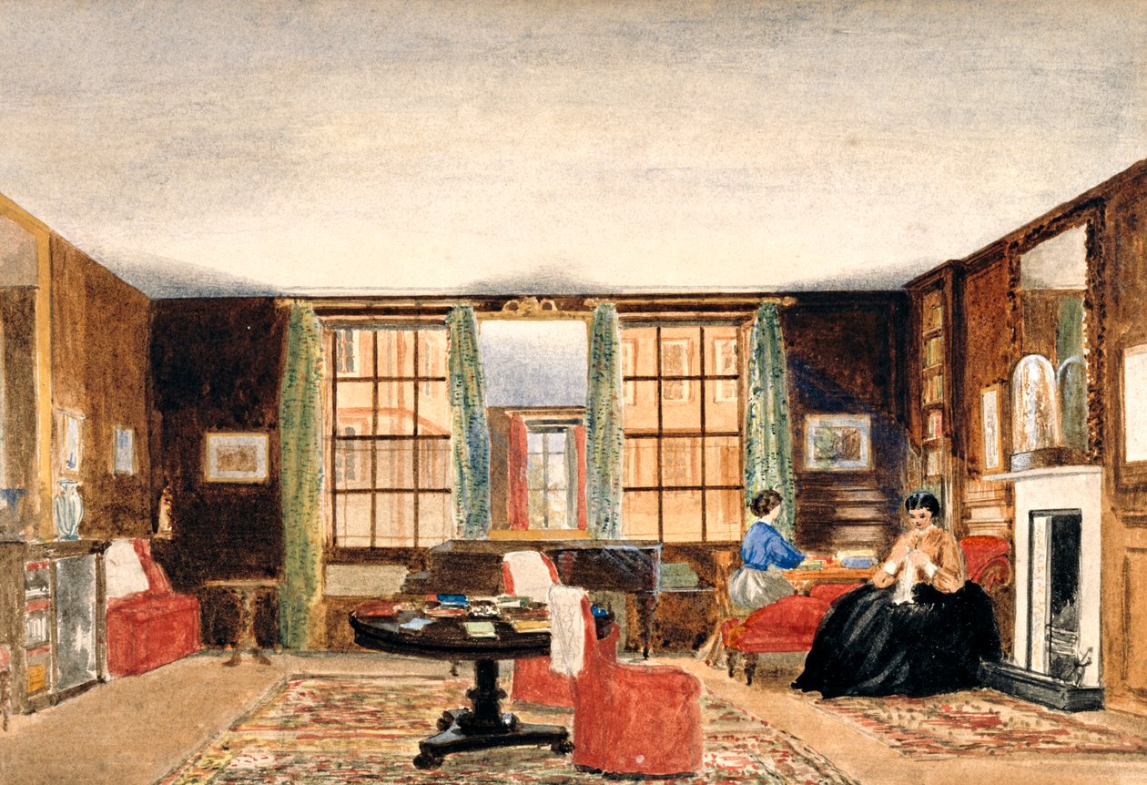 En salon med to siddende kvinder, ca. 1850 af Unbekannt Unbekannt