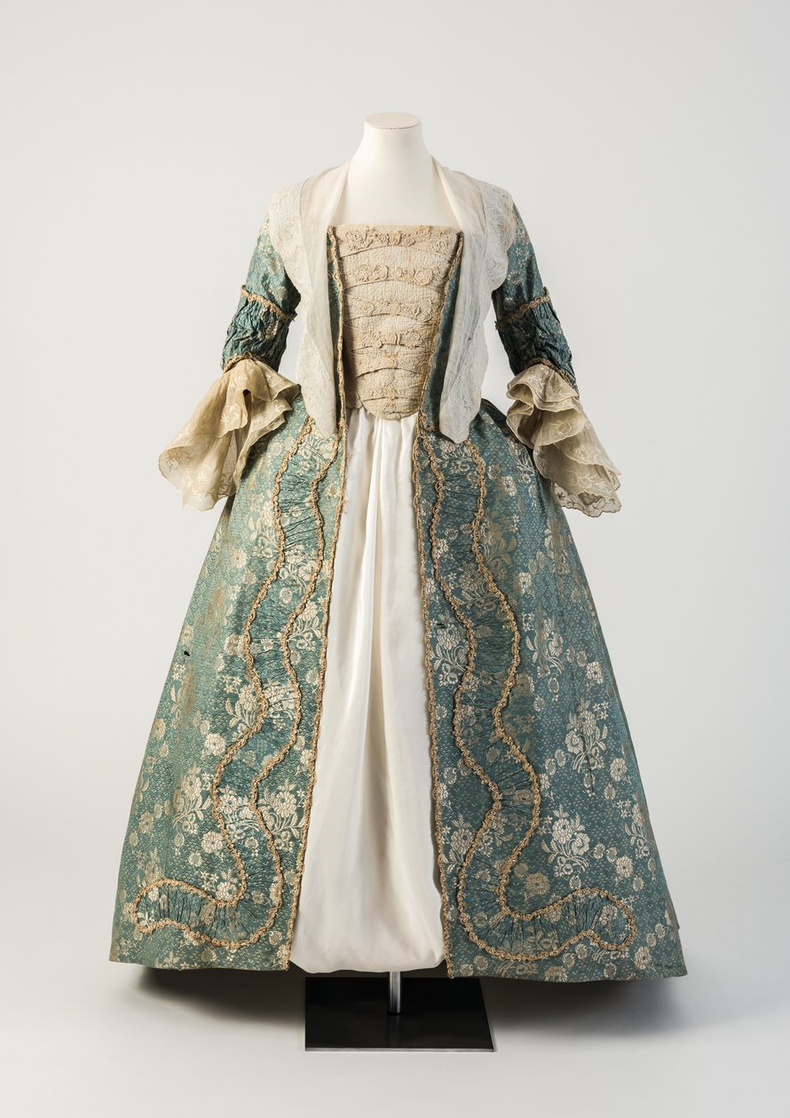 Blå og creme vævet silke åben kjortel med ruched robings, 1750