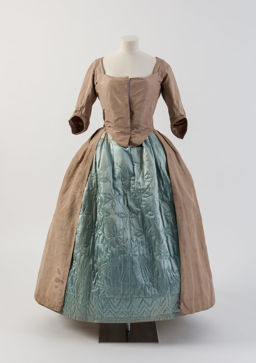 Blå quiltet silke underkjole med tidseldesign, 1740
