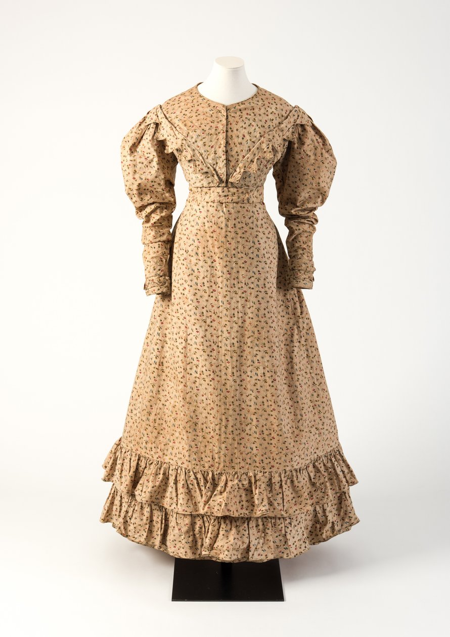 Brun og pink, gul og grøn bomuldskjole med rulletryk, 1825 (bomuld) af Unbekannt Unbekannt