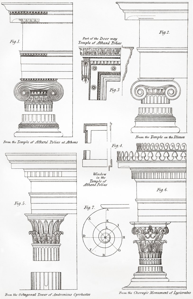 Eksempler på joniske og korintiske ordener i græsk arkitektur, fra The National Encyclopaedia, udgivet omkring 1890 af Unbekannt Unbekannt