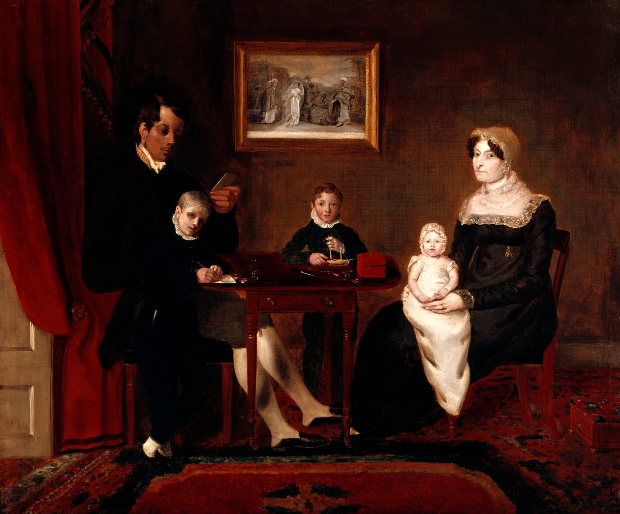Gruppeportræt af en uidentificeret familie i et hjemligt interiør, ca. 1815-20 af Unbekannt Unbekannt