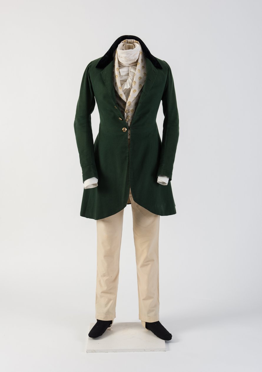 Mans grønne uldstoffrakke, med uldbukser og vævet vest, 1830