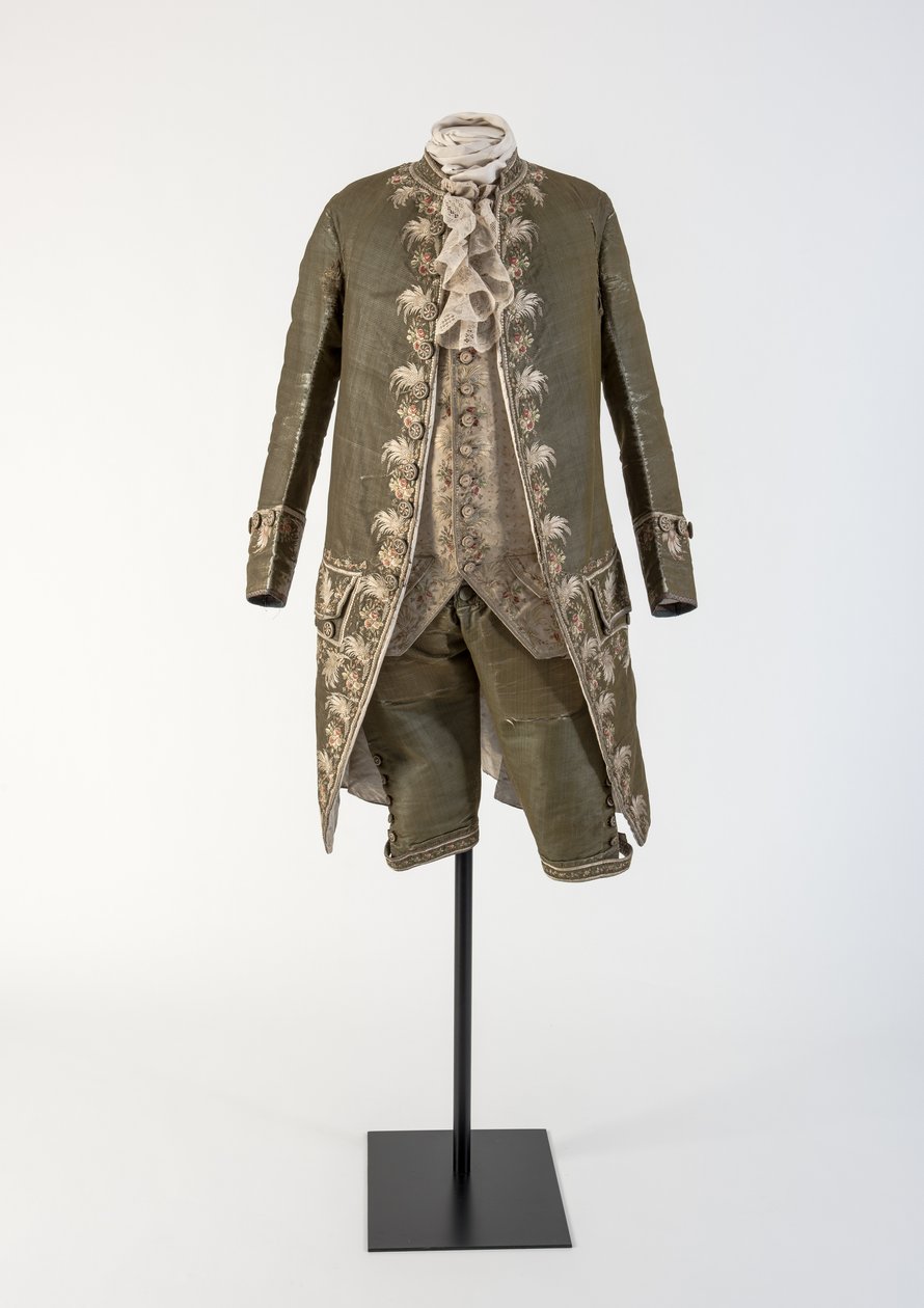 Mans grønne vævede silkebroderet frakke og ridebukser, båret ved hoffet, 1770