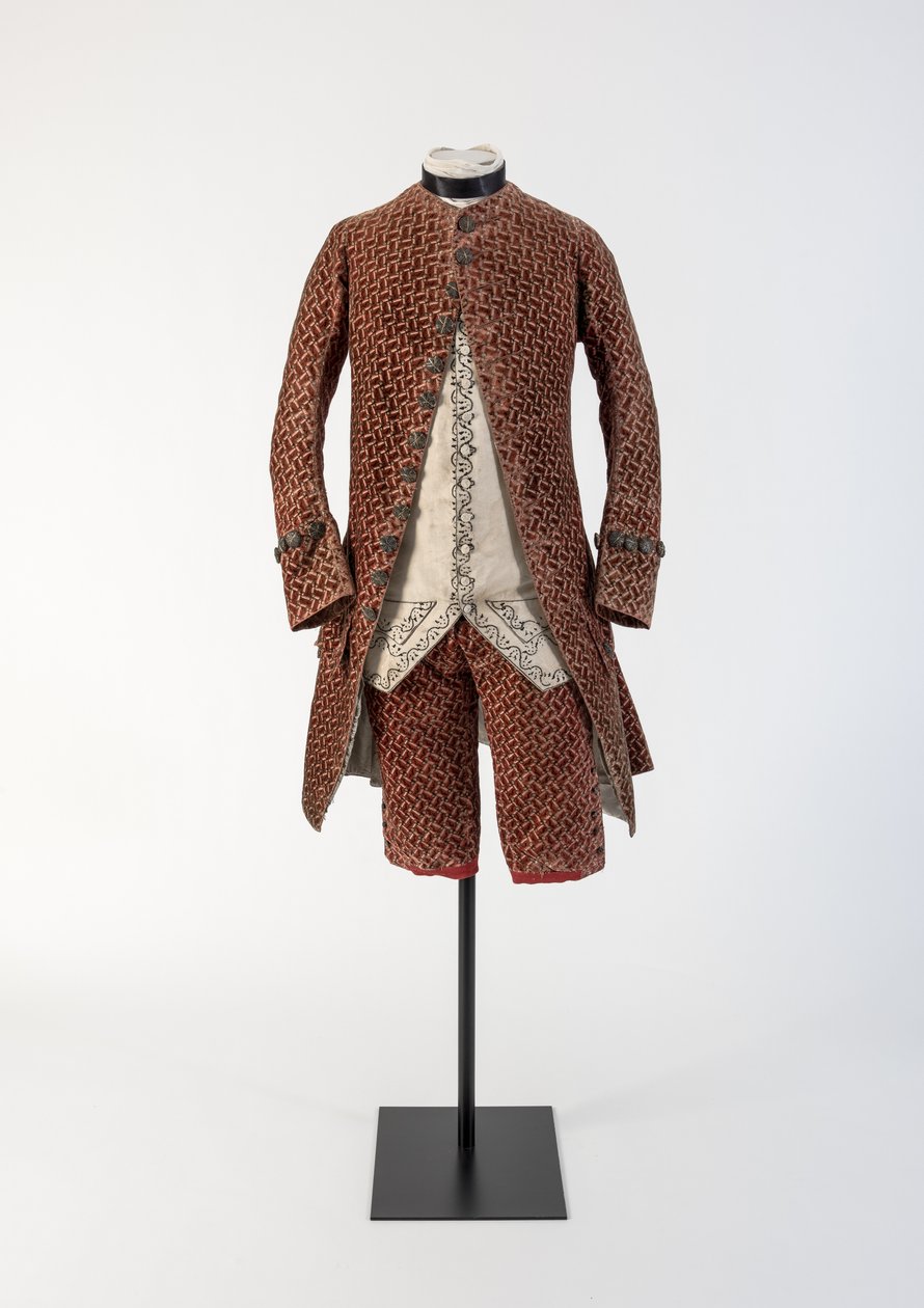 Mans rød vævet fløjlsfrakke og ridebukser, 1750