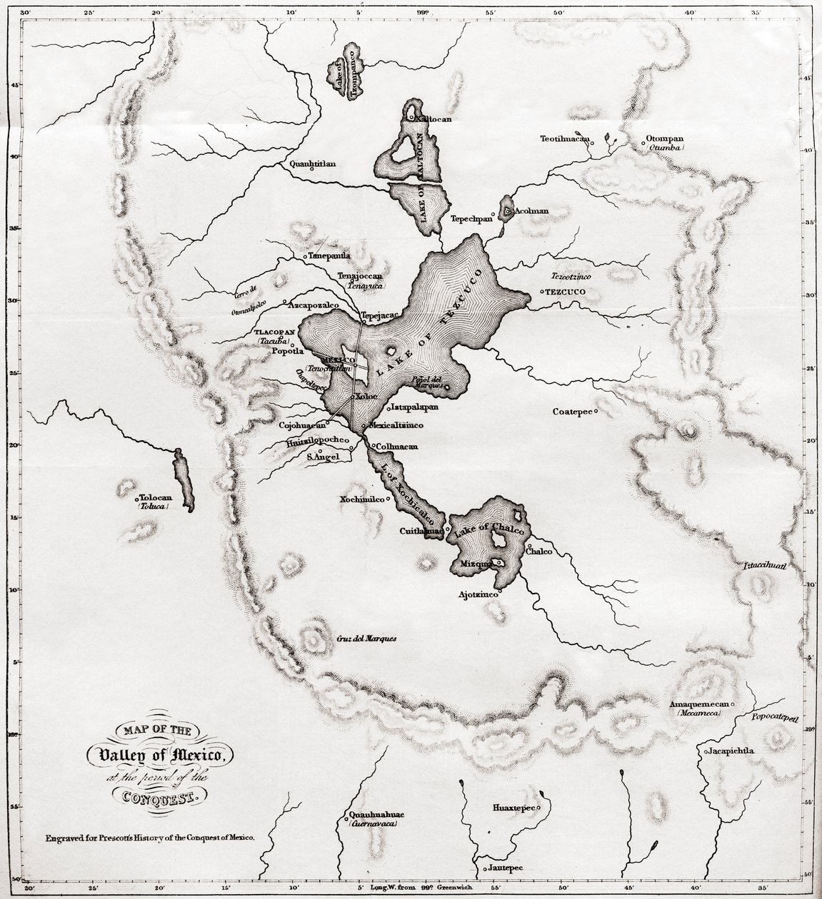 Kort over Mexico-dalen på tidspunktet for erobringen, fra History of The Conquest of Mexico, udgivet 1850 af Unbekannt Unbekannt