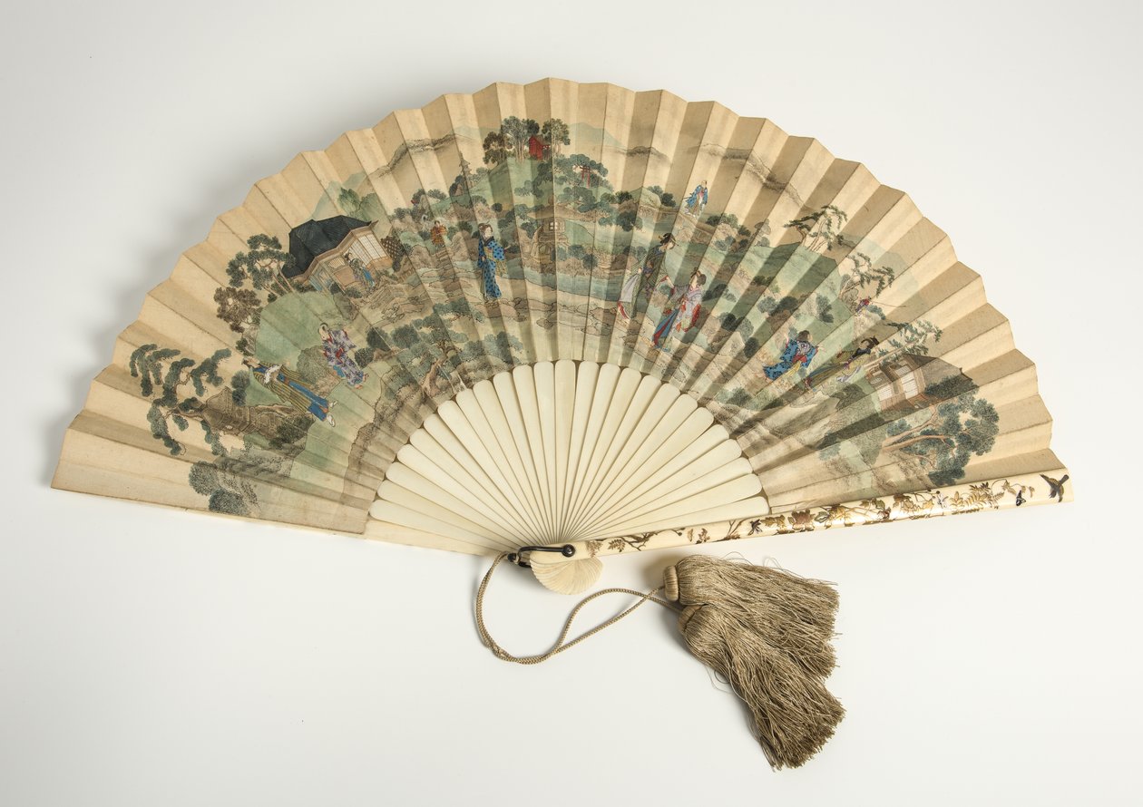 Trykt papirvifte, med japanske figurer i et landskab, 1880