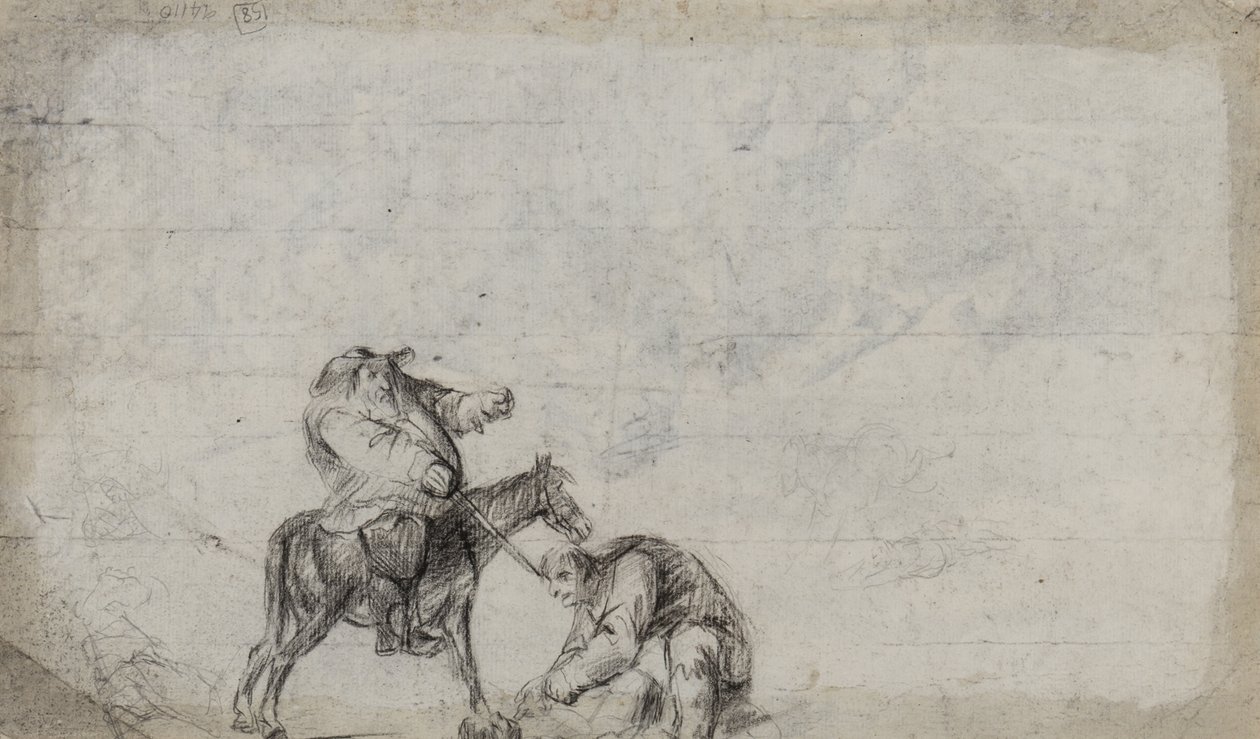 Studie i forbindelse med overfaldet rejsende, muligvis Samuel Butlers Hudibras, ca. 1790 (kul på papir) af Unbekannt Unbekannt