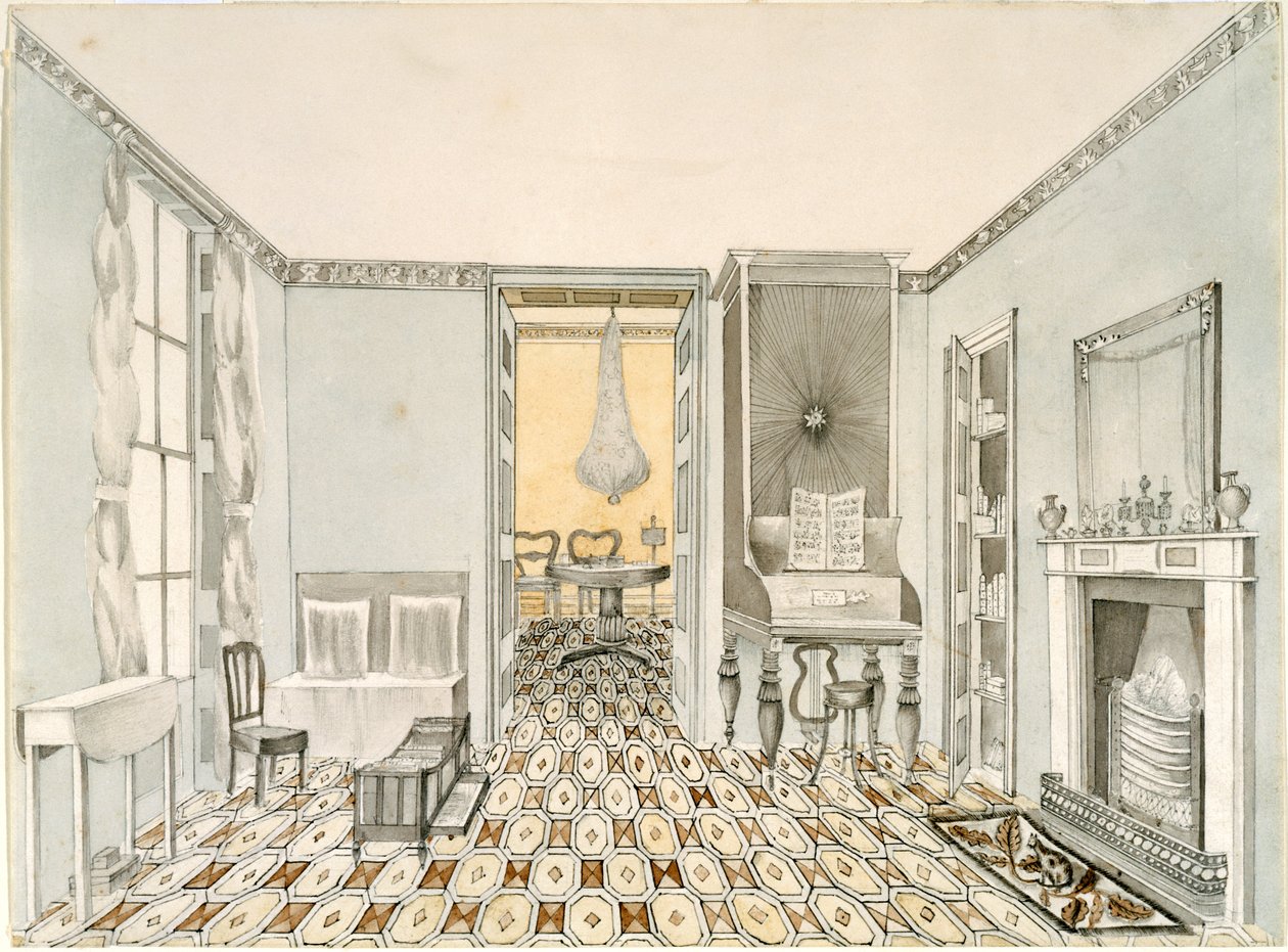 Udsigt over en dagligstue, ca. 1835-40 (blyant, blæk og wc på papir) af Unbekannt Unbekannt