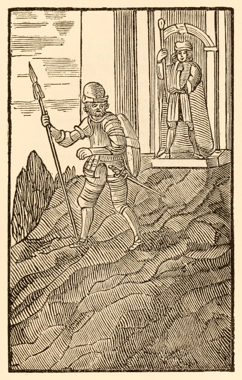 "Mens Christian er blandt sine gudfrygtige venner... Han er glad for nordligt stål fra top til tå." fra "The Pilgrim