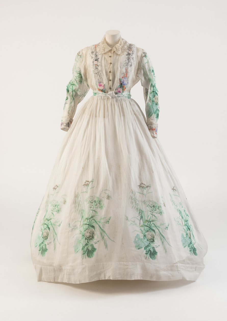 Hvid bomuldsmuslinkjole med grønt blomstermønster, 1860