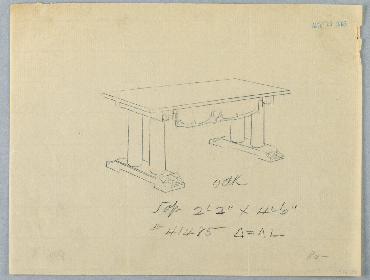 Tegning, design til stort bord med søjleunderstøtter og pedimentbase, 1900–05 af Unknown