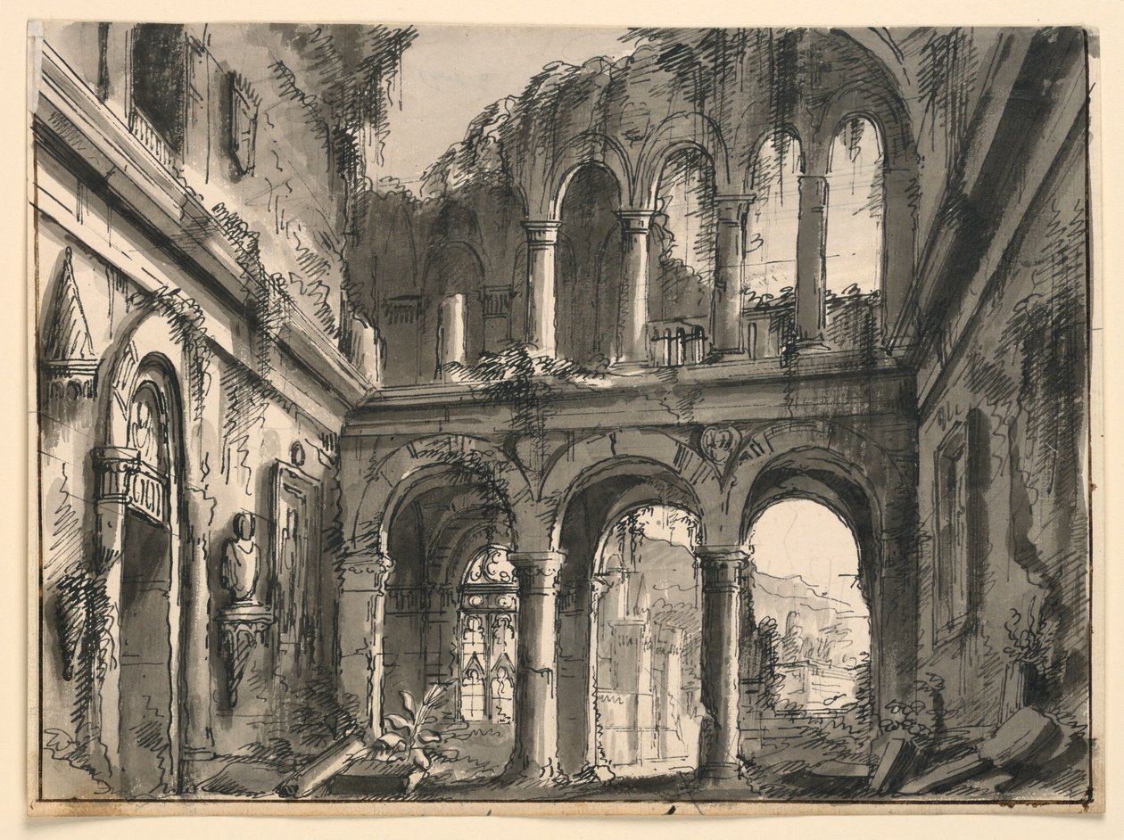 Tegning, scenografi, interiør i det ødelagte renæssancepalads, begyndelsen af det 19. århundrede af Unknown