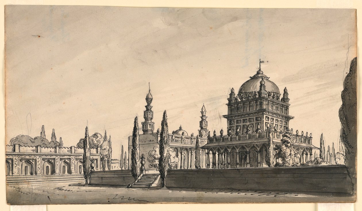 Tegning, scenografi, orientalsk tempel, begyndelsen af det 19. århundrede af Unknown