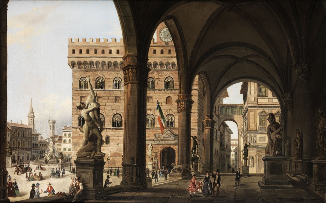 Blick von der Loggia dei Lanzi zum Palazzo della Signoria i Florenz af Unknown