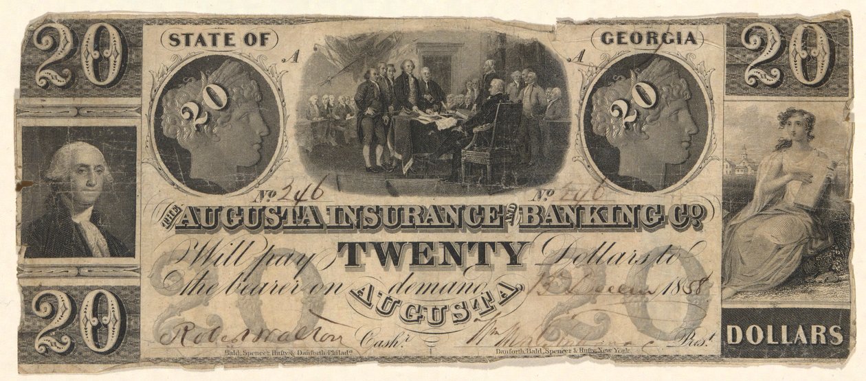 20 dollarseddel udstedt af Augusta Insurance & Banking Co., Augusta, Georgia i 1858 med indgraveringer af uafhængighedserklæringen efter Trumbull, Washington efter Stuart (?) af Unknown