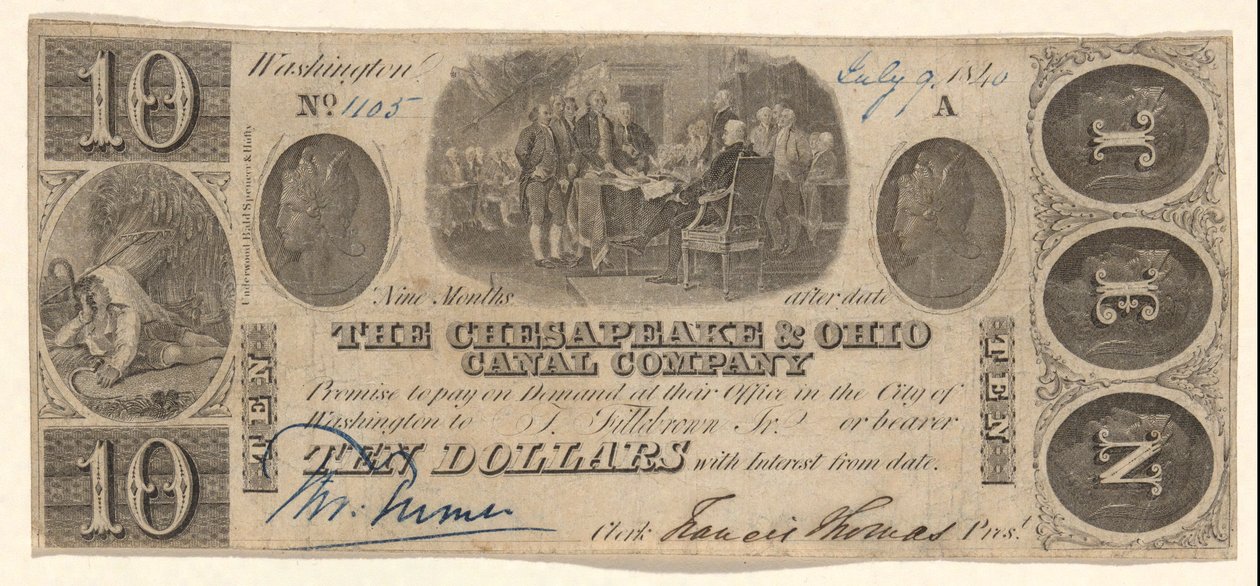 Bankseddel til $10 udstedt af The Chesapeake and Ohio Company med vignetbevis for Trumbull af Unknown