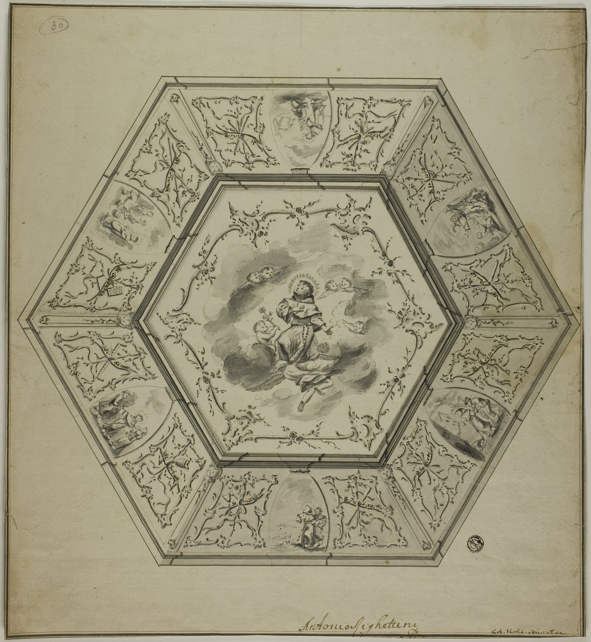 Loftdesign med Sankt Antonius af Padua omgivet af episoder fra hans liv og symboler på apostlenes martyrium af Unknown