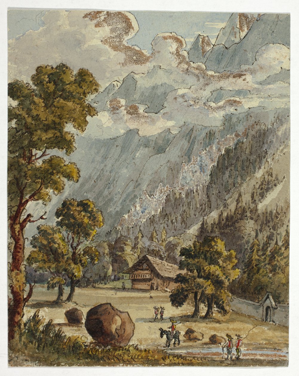 Chalet og have under Alperne (recto); Village  Glacier du Boissons, Chamix (verso) af Unknown