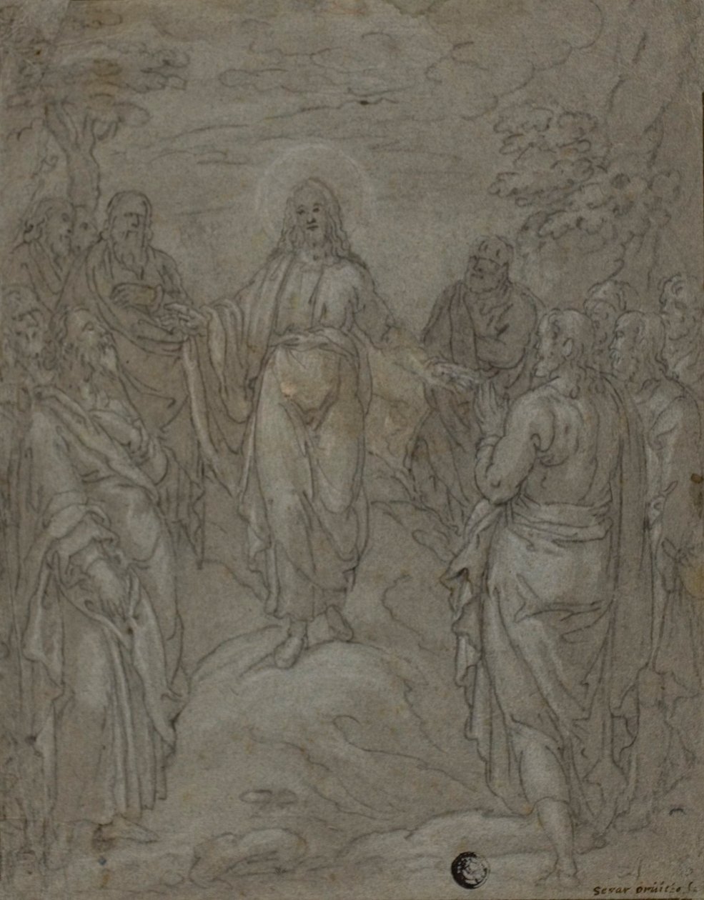 Kristus og apostlene (recto); Skitse af en julekrybbe (verso) af Unknown