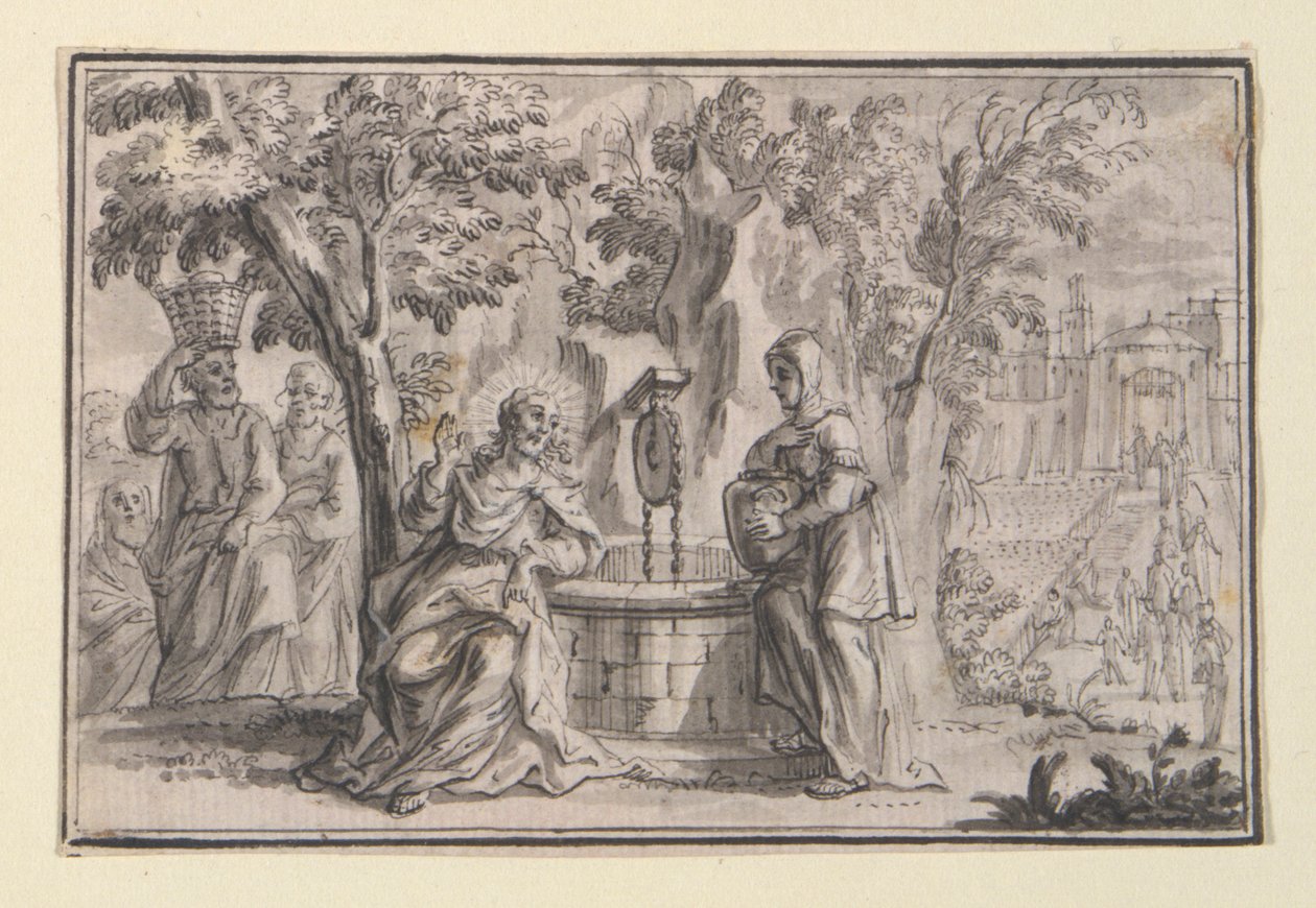 Kristus og den samaritanske kvinde (Johannes 4), en af fire scener fra Kristi liv af Unknown