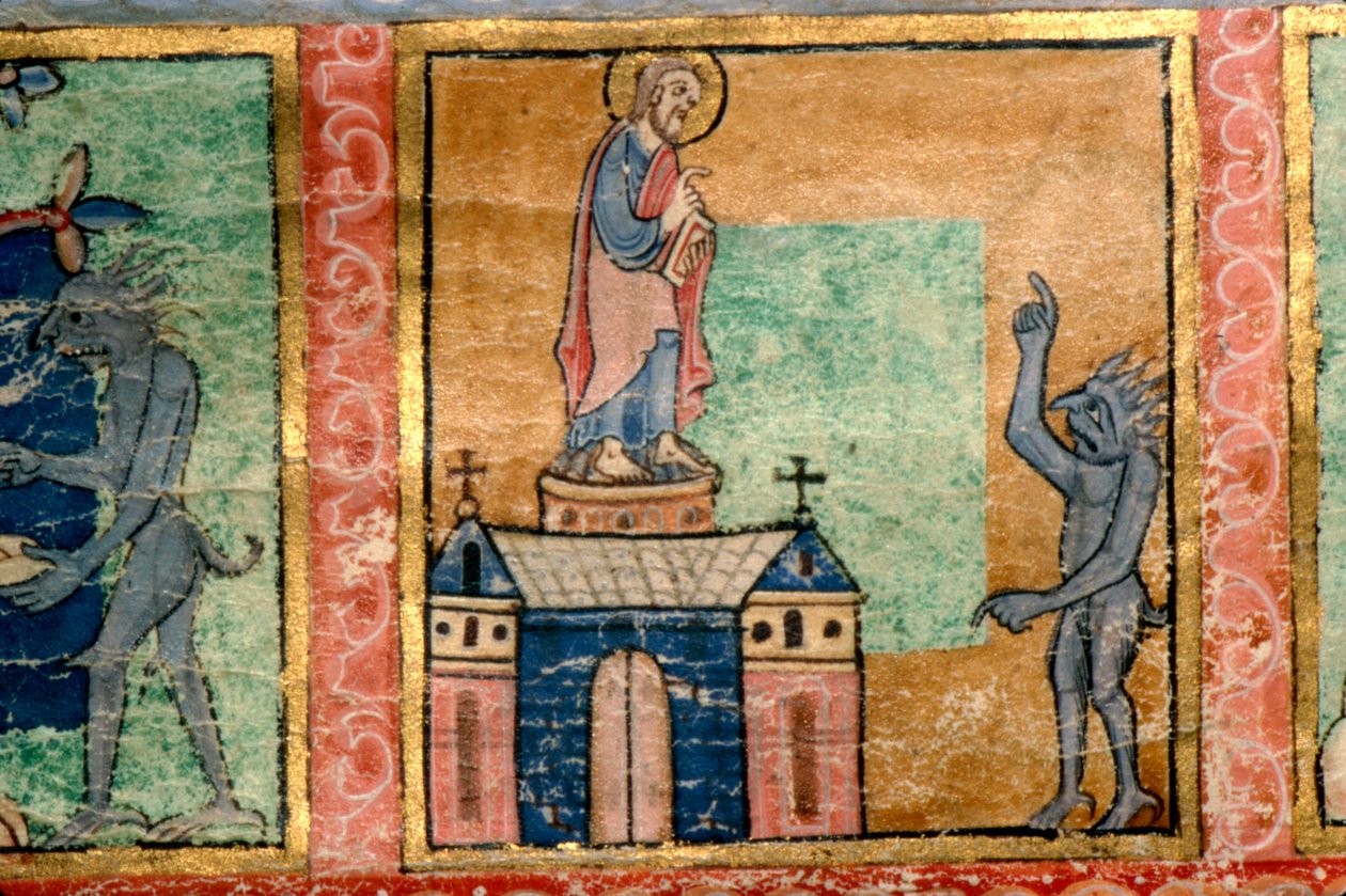 Detalje fra en Psalter, Temptation of Christ anden sandsynligvis oplyst ved Canterbury, c1140 af Unknown