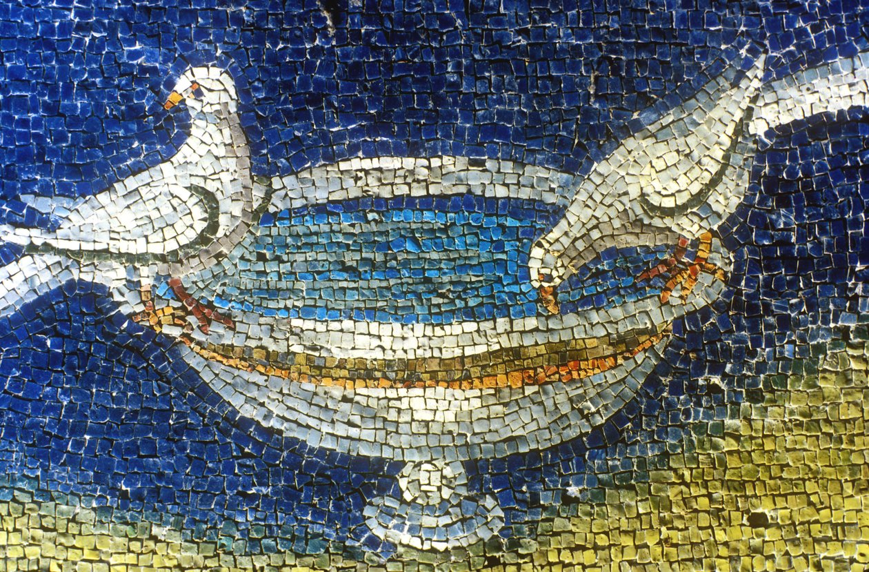 Duer drikker: mosaik i Galla Placidia (390-450) mausoleum i Ravenne, Italien, (5. århundrede, tidlig kristen kunst) foto taget i 1990 af Unknown