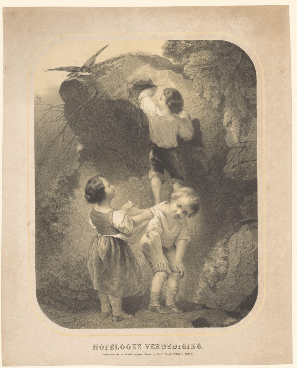 Tre børn stjæler æg fra en fuglerede Hopeless Defense (titel på objekt) af Unknown