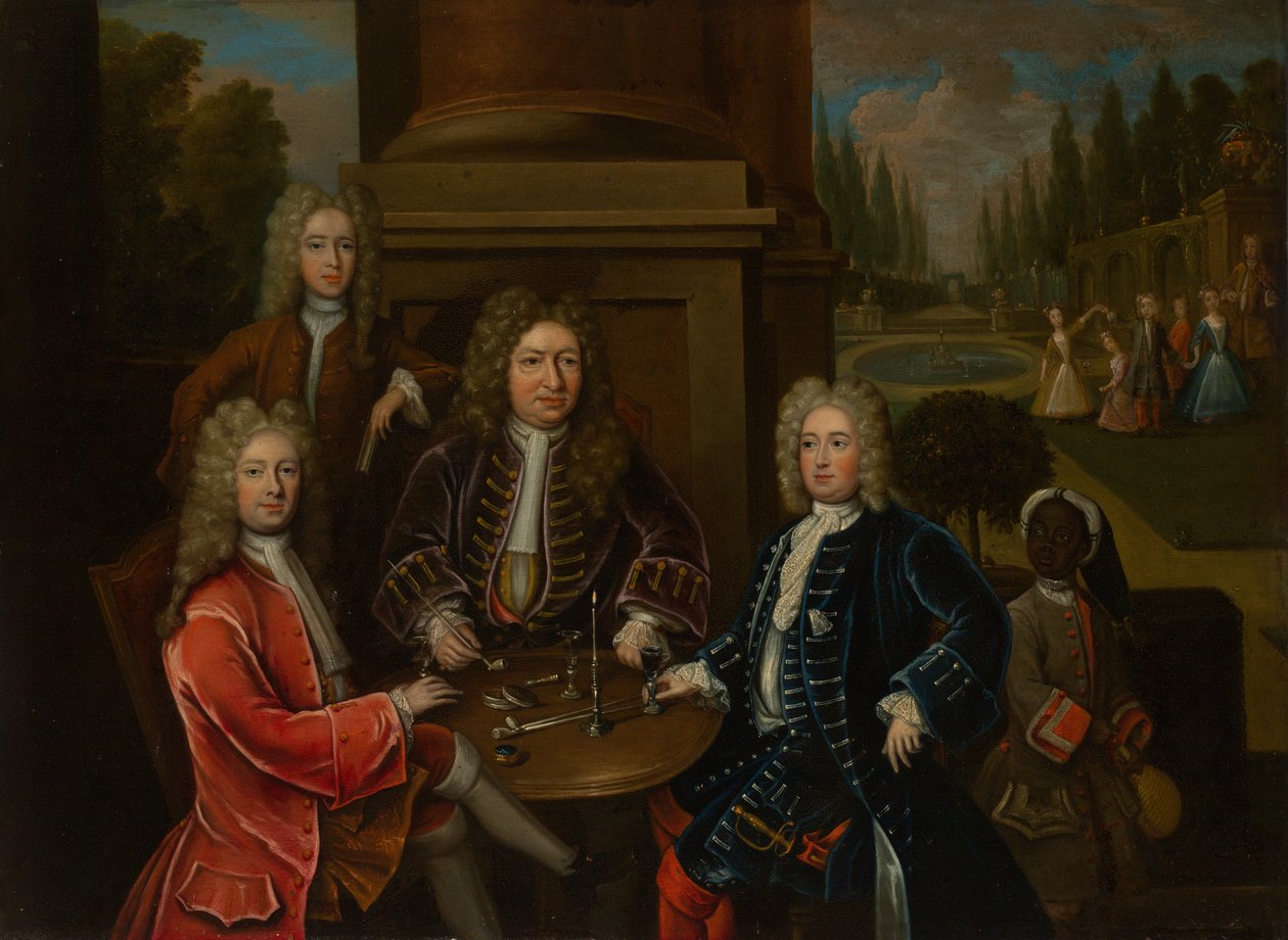 Elihu Yale sad til bords med den anden hertug af Devonshire og Lord James Cavendish af Unknown