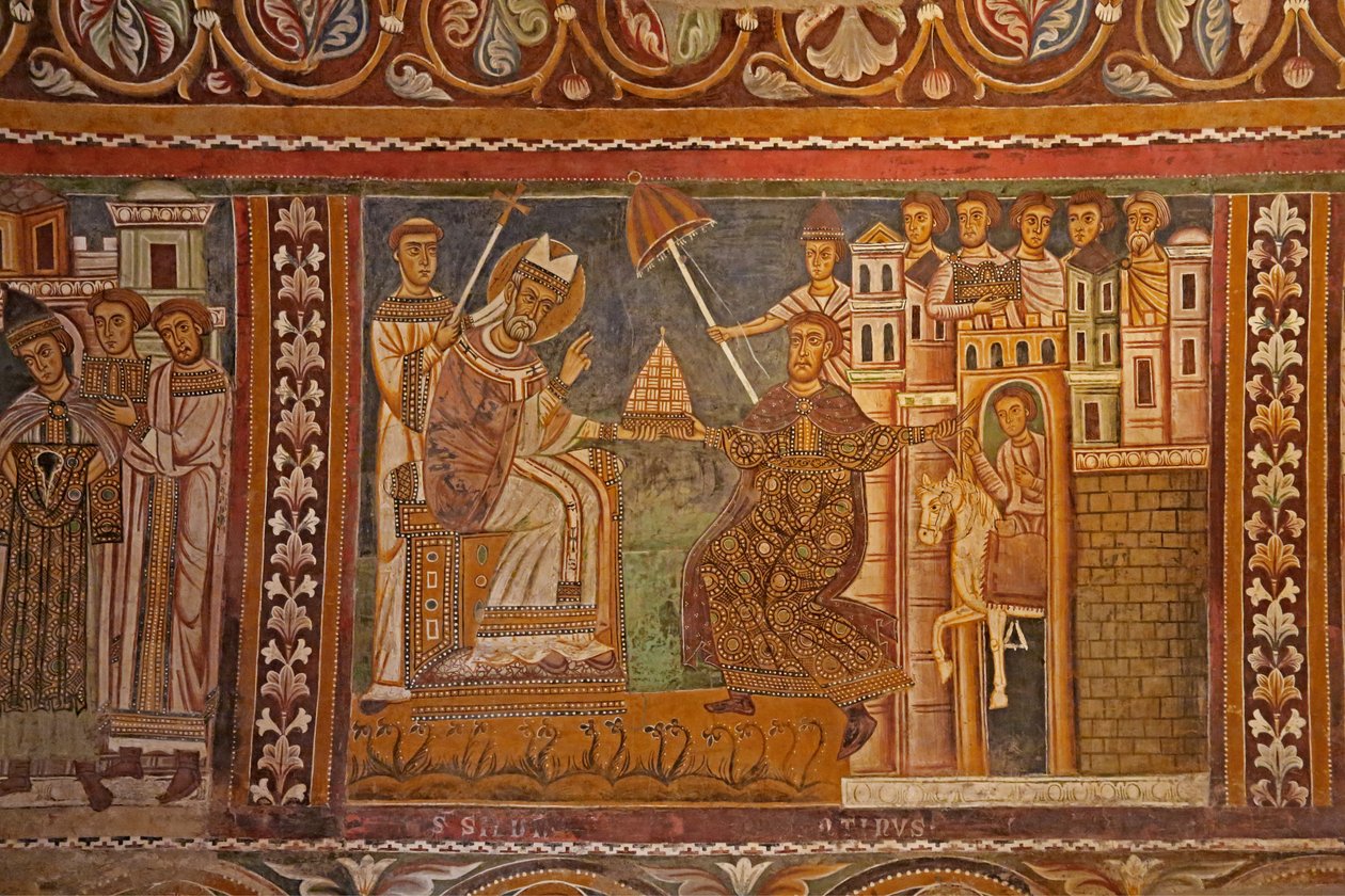 Kejser Konstantin præsenterede sit kejserlige diadem til pave Sylvester og gav ham herredømmet over Rom, vestmuren af Kapellet i San Silvestro, 1246 af Unknown