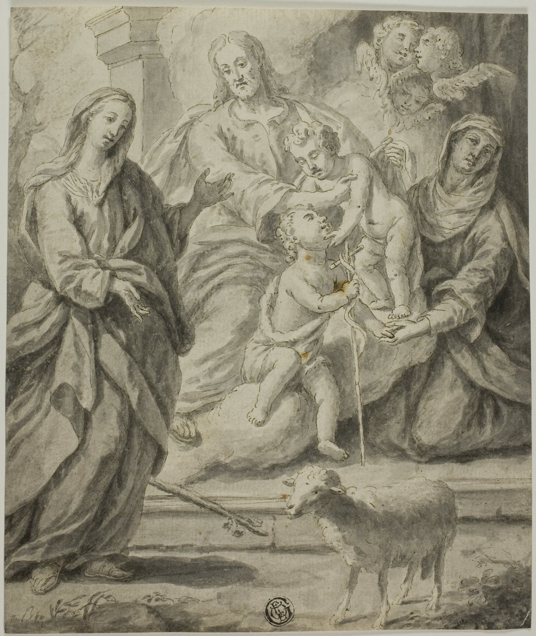 Kvindelig helgen, der betragter den hellige familie og spædbarnet Johannes Døberen af Unknown